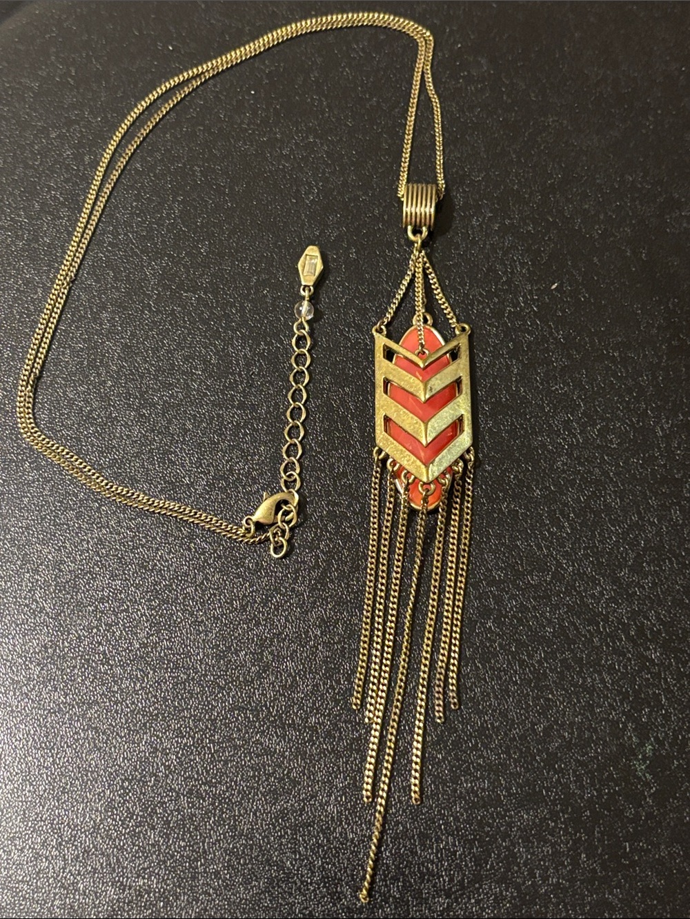 kenzie Gold-Tone Chevron Fringe Necklace with Coral Pendant.‎